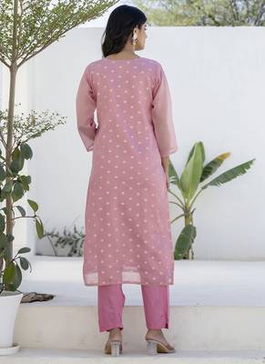 Chanderi silk pink casual wear embroidery work kurta set 4