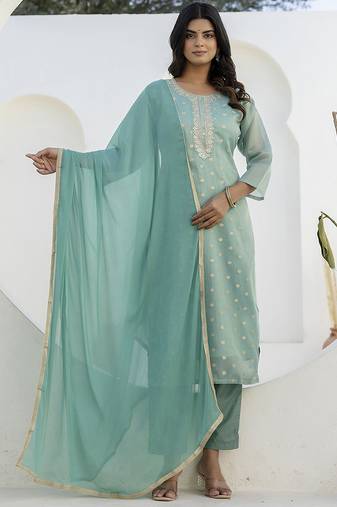 Chanderi silk sea green casual wear embroidery work kurta set