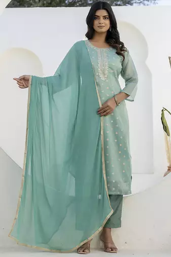 Chanderi silk sea green casual wear embroidery work kurta set