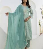 Chanderi silk sea green casual wear embroidery work kurta set