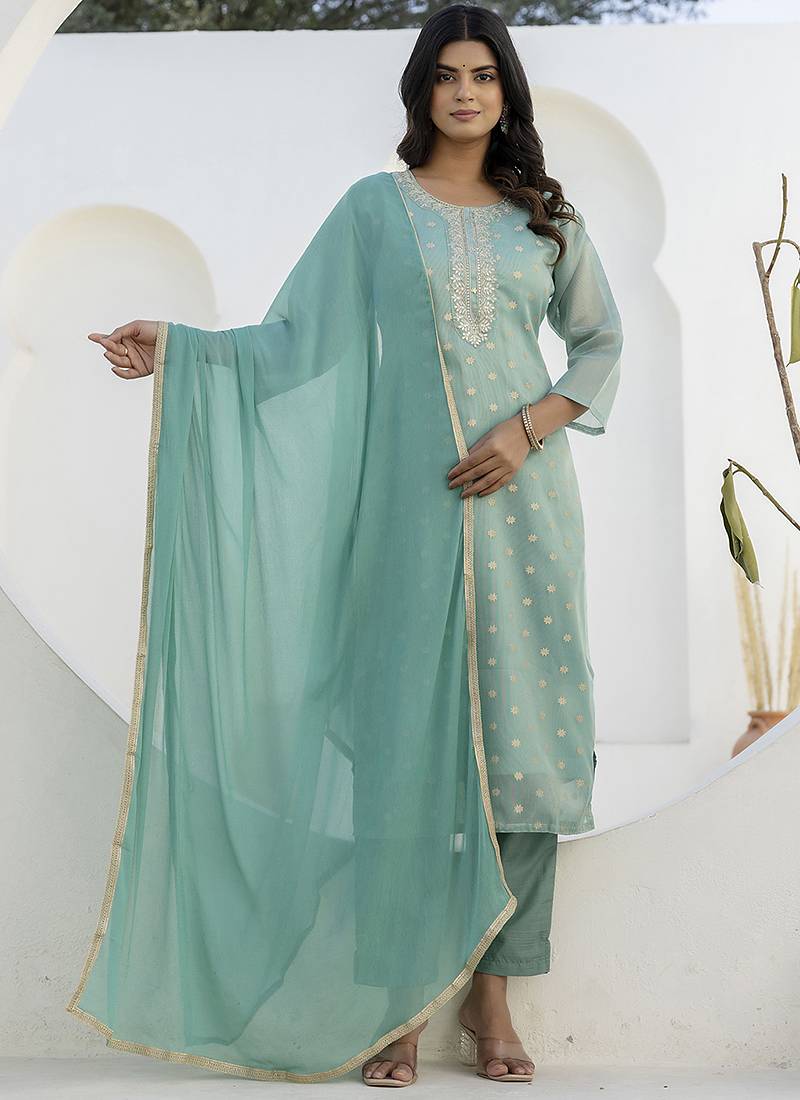 Chanderi silk sea green casual wear embroidery work kurta set