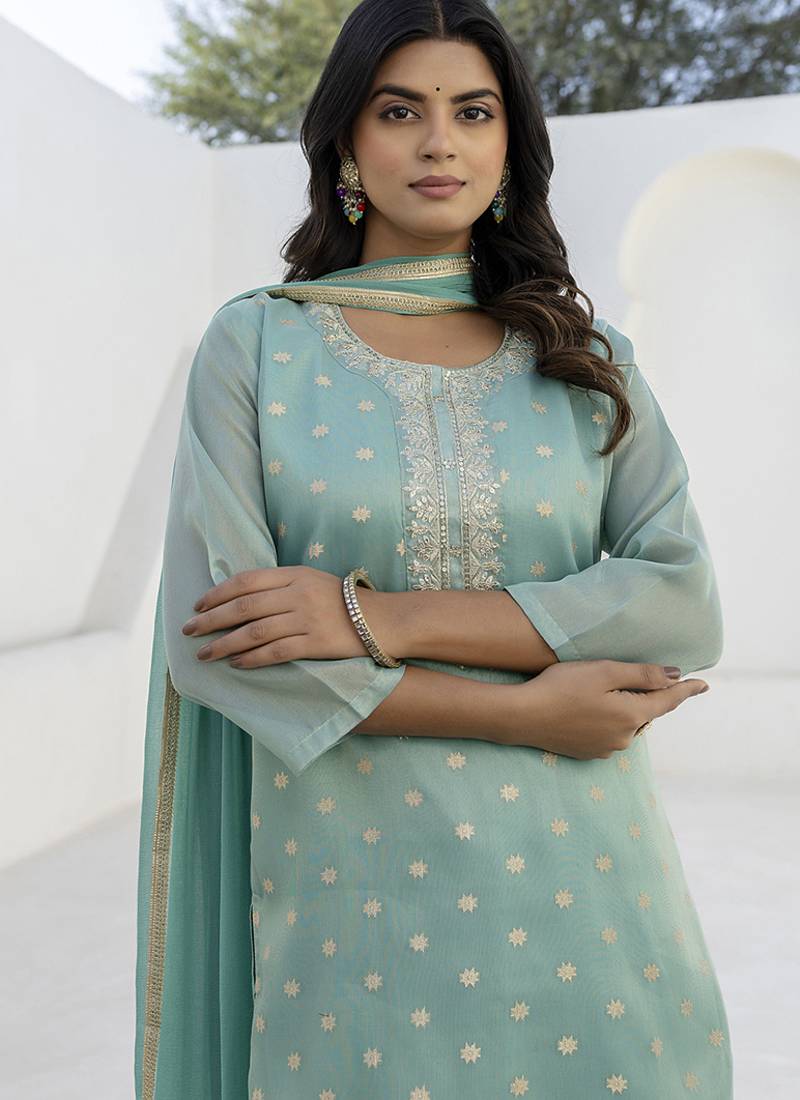 Chanderi silk sea green casual wear embroidery work kurta set