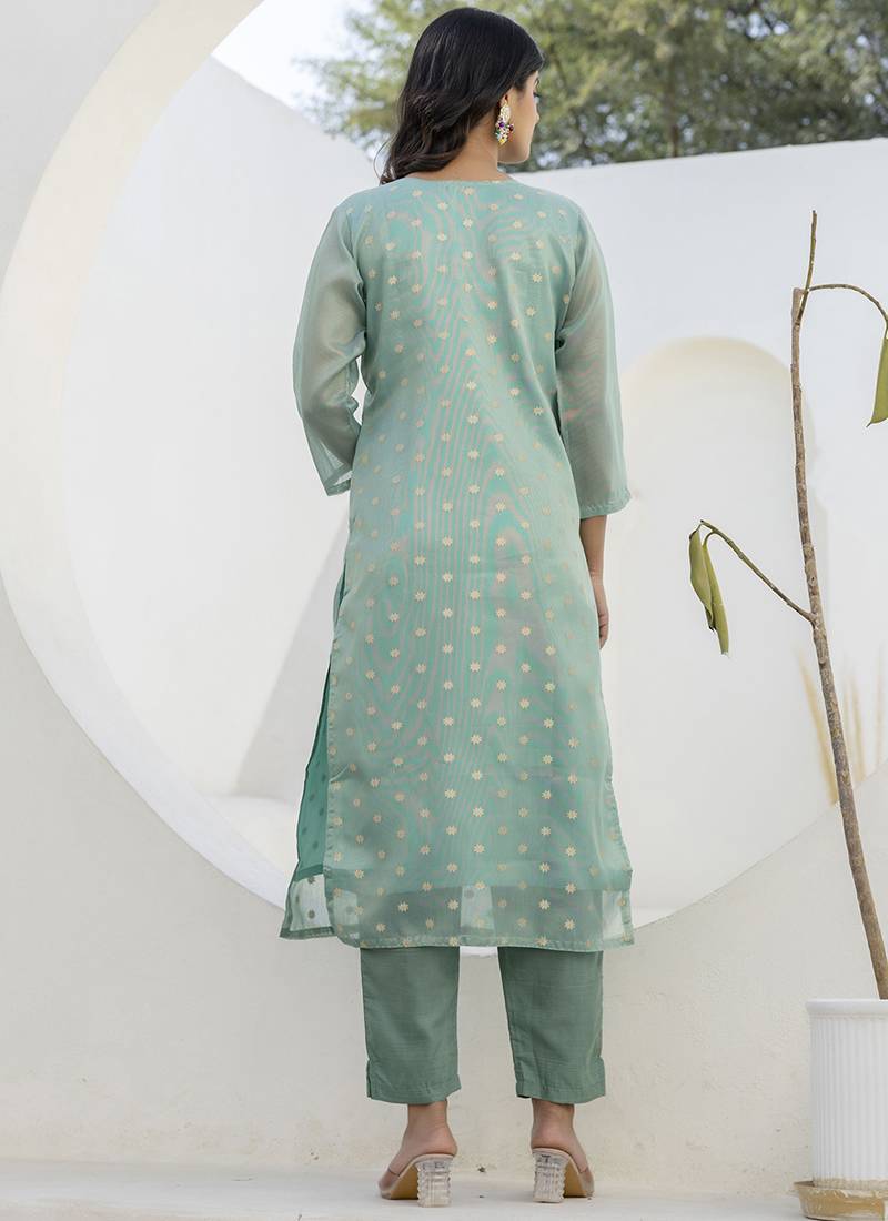 Chanderi silk sea green casual wear embroidery work kurta set