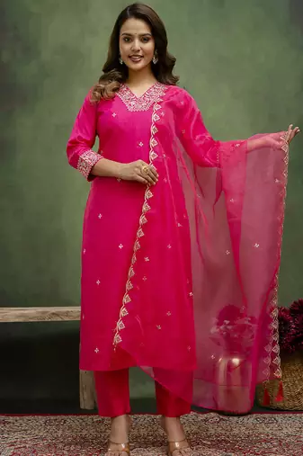 Silk blend rani pink casual wear embroidery work kurta set