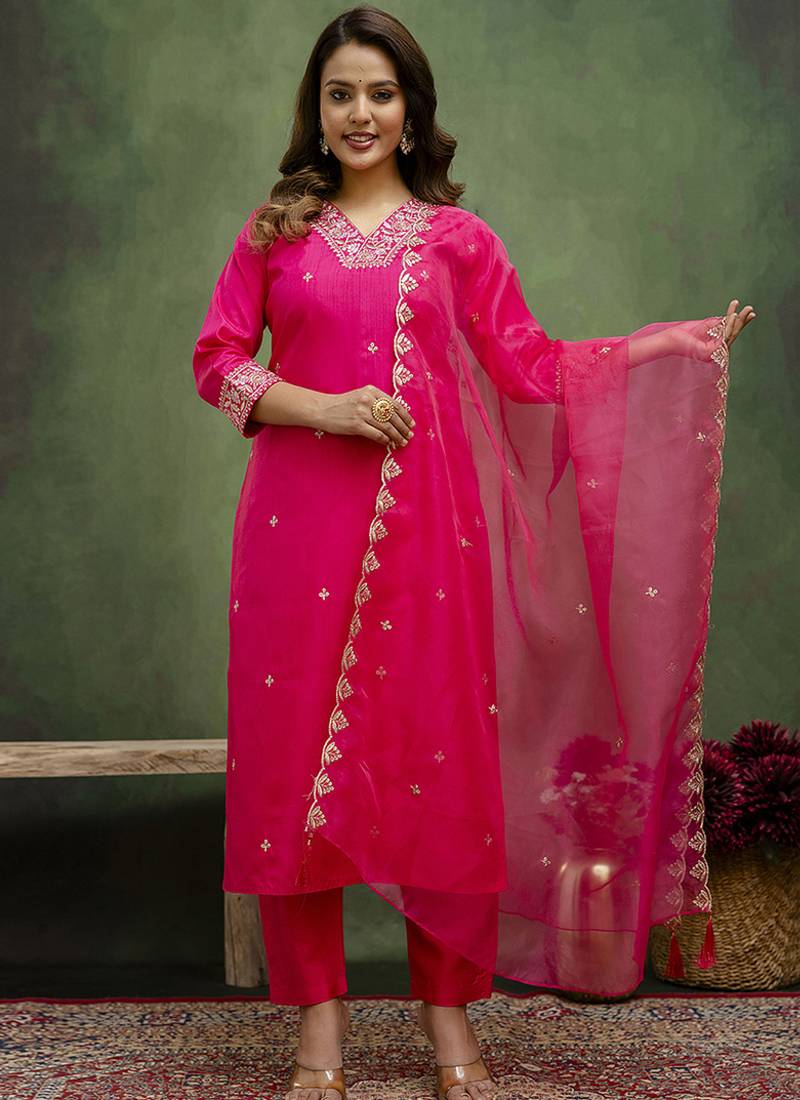Silk blend rani pink casual wear embroidery work kurta set