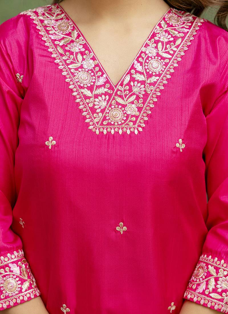 Silk blend rani pink casual wear embroidery work kurta set