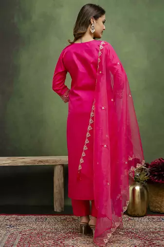 Silk blend rani pink casual wear embroidery work kurta set