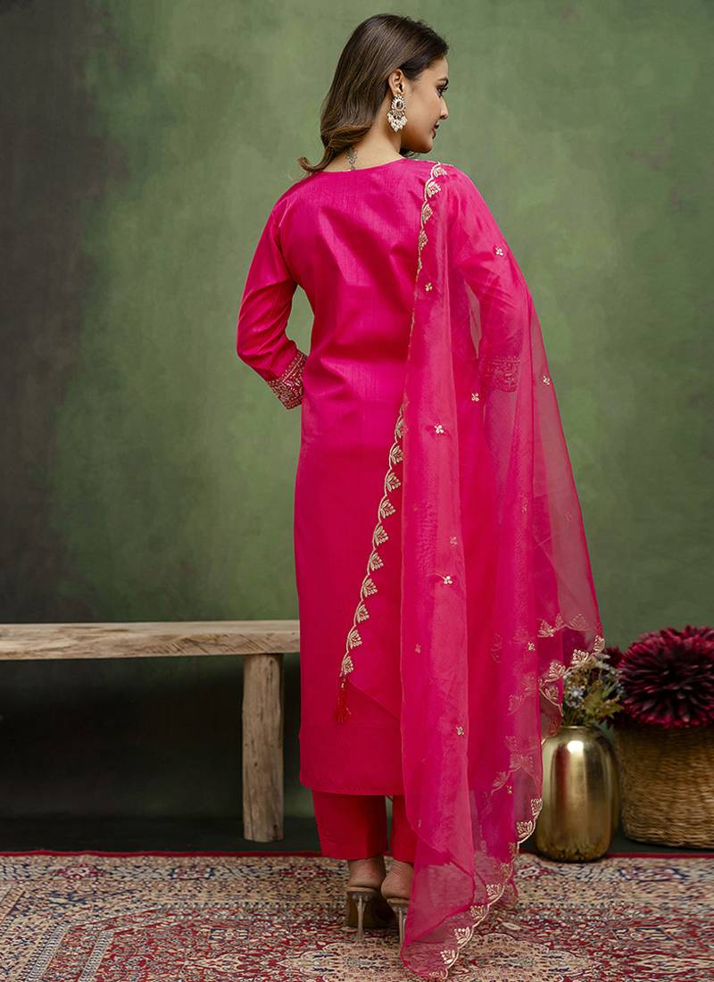 Silk blend rani pink casual wear embroidery work kurta set