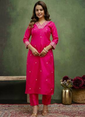 Silk blend rani pink casual wear embroidery work kurta set 4