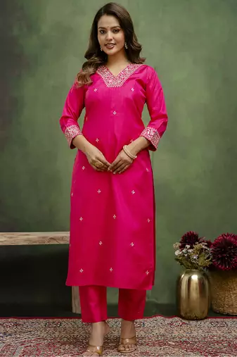 Silk blend rani pink casual wear embroidery work kurta set