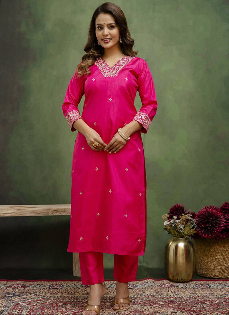 Silk blend rani pink casual wear embroidery work kurta set