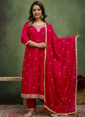 Silk blend rani pink casual wear embroidery work kurta set 1
