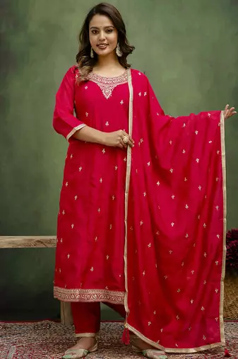 Silk blend rani pink casual wear embroidery work kurta set