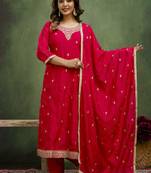 Silk blend rani pink casual wear embroidery work kurta set