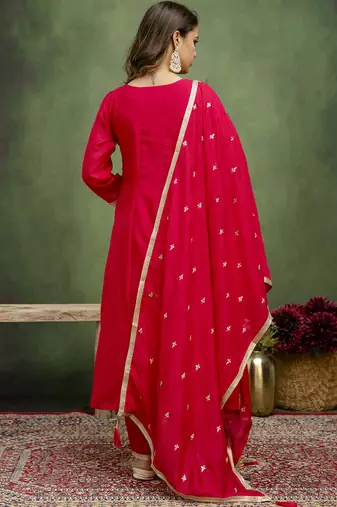 Silk blend rani pink casual wear embroidery work kurta set
