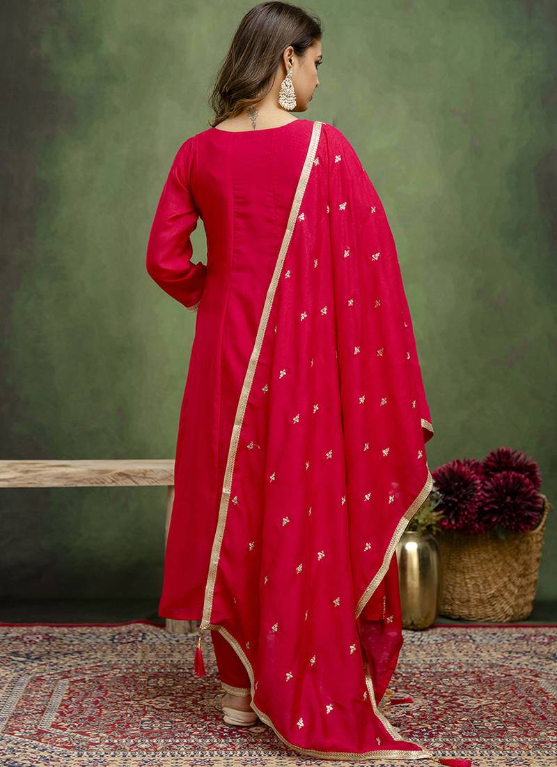 Silk blend rani pink casual wear embroidery work kurta set