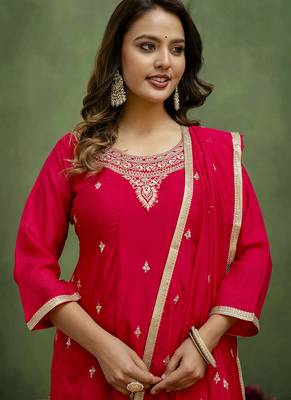 Silk blend rani pink casual wear embroidery work kurta set 3