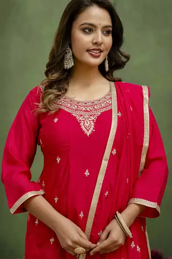 Silk blend rani pink casual wear embroidery work kurta set