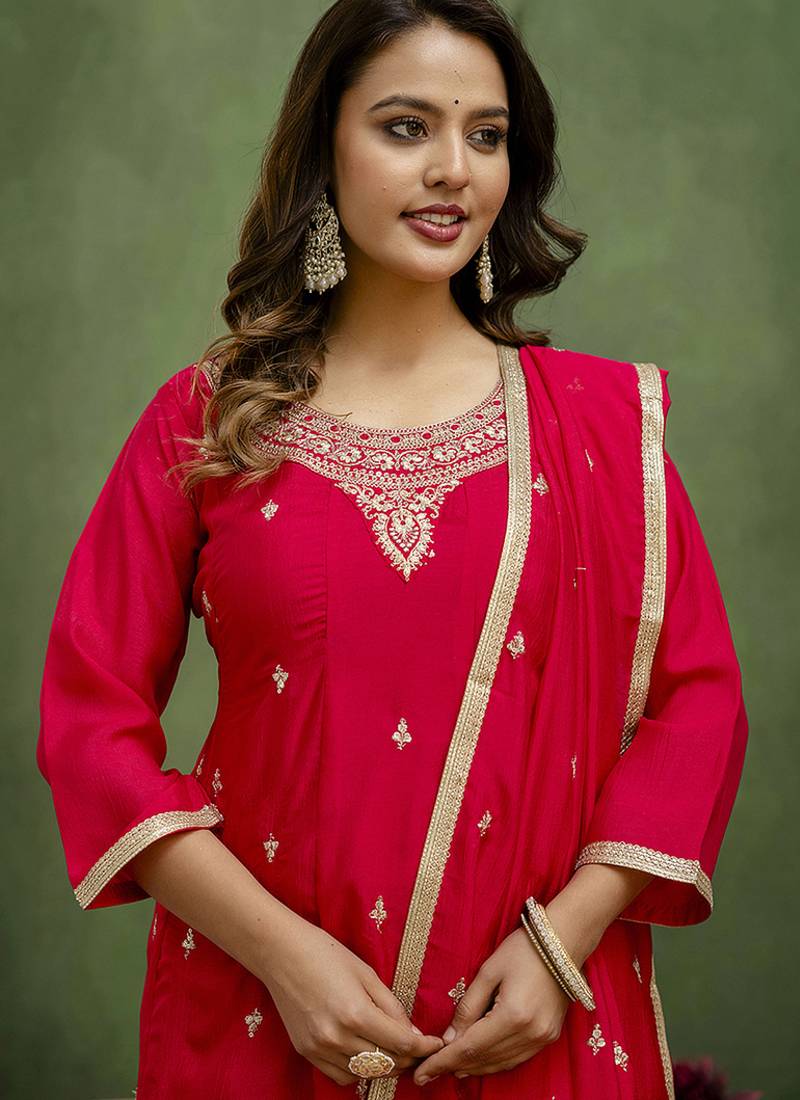 Silk blend rani pink casual wear embroidery work kurta set