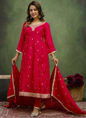 Silk blend rani pink casual wear embroidery work kurta set 4