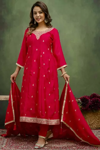 Silk blend rani pink casual wear embroidery work kurta set