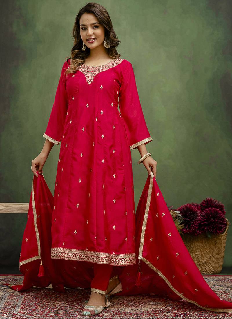 Silk blend rani pink casual wear embroidery work kurta set