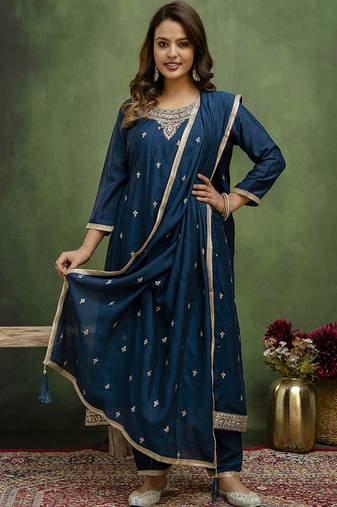 Silk blend navy blue casual wear embroidery work kurta set