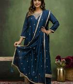 Silk blend navy blue casual wear embroidery work kurta set