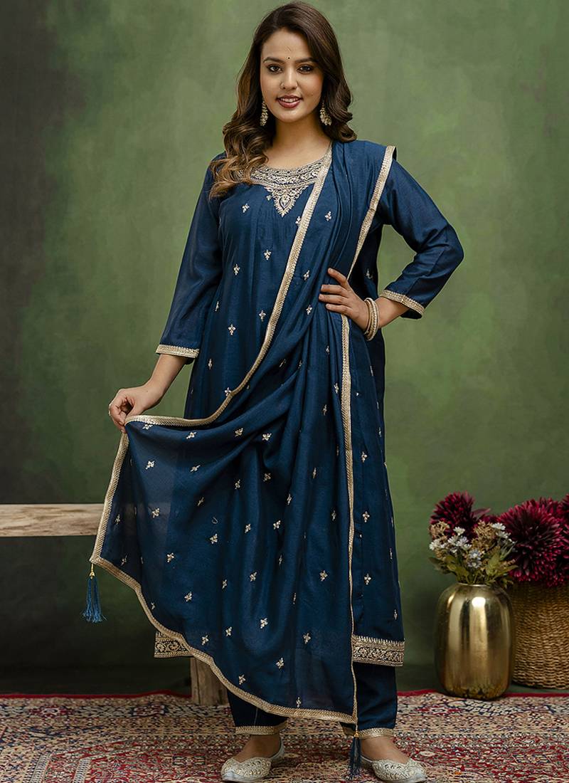 Silk blend navy blue casual wear embroidery work kurta set