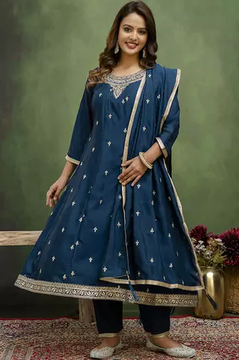 Silk blend navy blue casual wear embroidery work kurta set