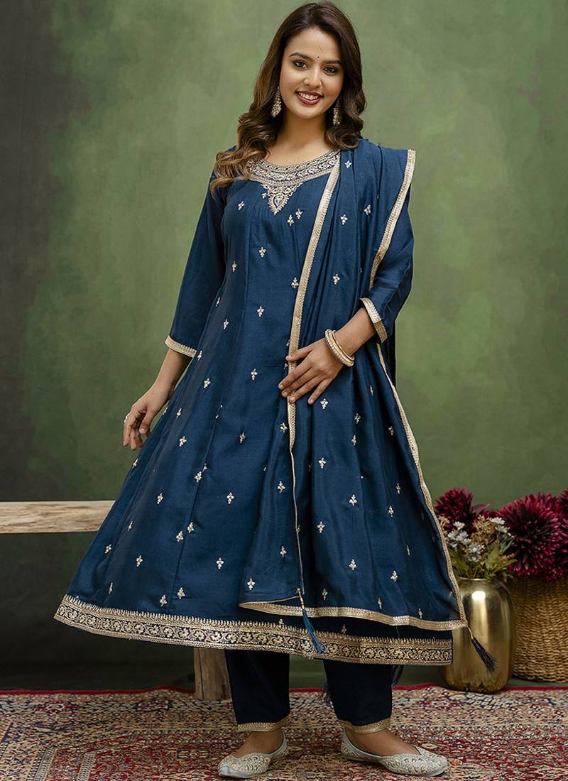Silk blend navy blue casual wear embroidery work kurta set
