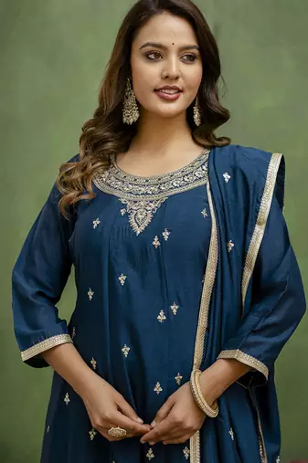 Silk blend navy blue casual wear embroidery work kurta set