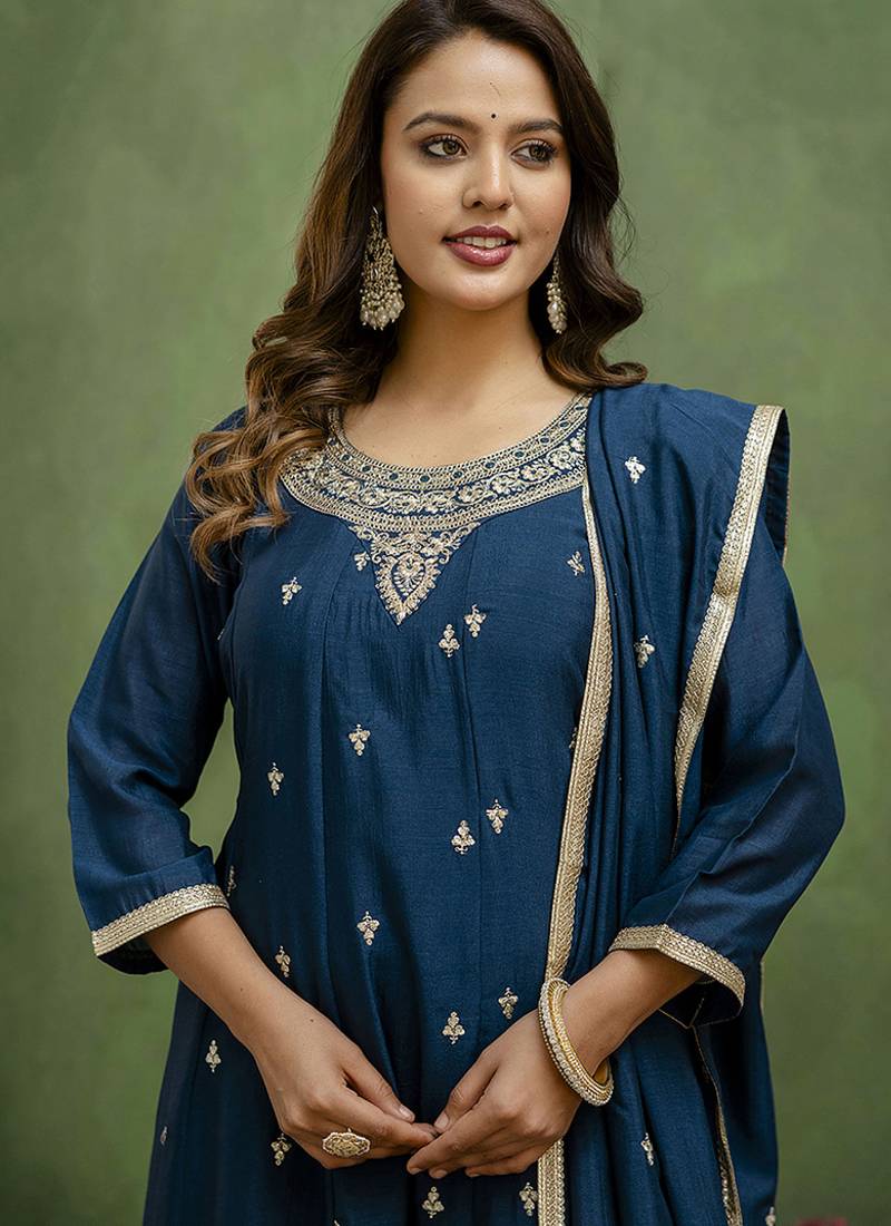 Silk blend navy blue casual wear embroidery work kurta set