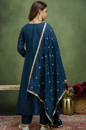 Silk blend navy blue casual wear embroidery work kurta set