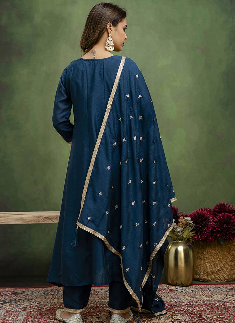 Silk blend navy blue casual wear embroidery work kurta set