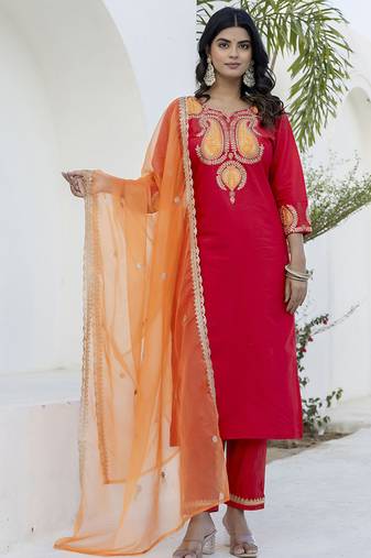 Viscose rayon red casual wear embroidery work kurta set