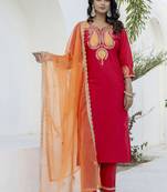 Viscose rayon red casual wear embroidery work kurta set