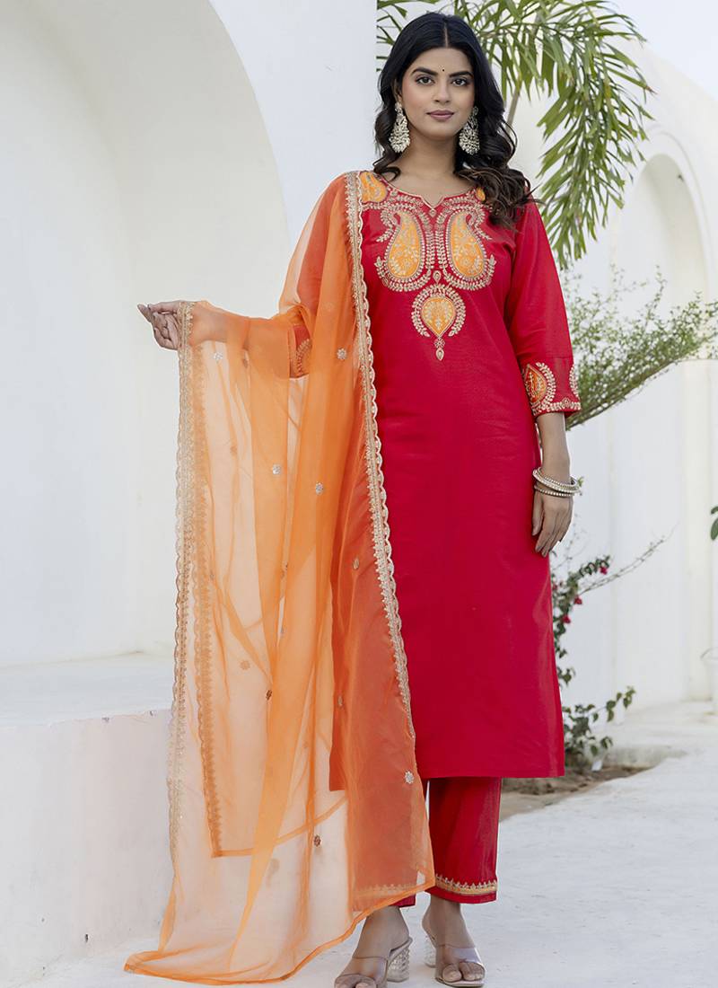 Viscose rayon red casual wear embroidery work kurta set