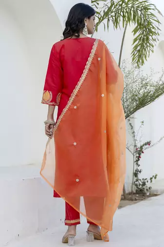 Viscose rayon red casual wear embroidery work kurta set