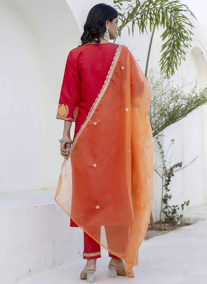 Viscose rayon red casual wear embroidery work kurta set