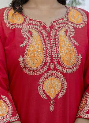 Viscose rayon red casual wear embroidery work kurta set 3