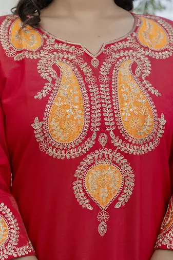 Viscose rayon red casual wear embroidery work kurta set