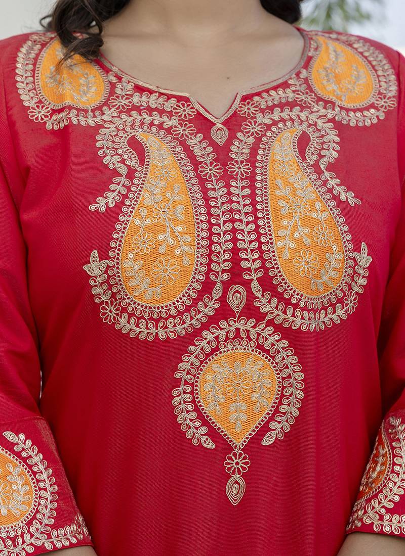 Viscose rayon red casual wear embroidery work kurta set