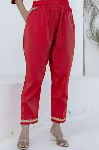 Viscose rayon red casual wear embroidery work kurta set