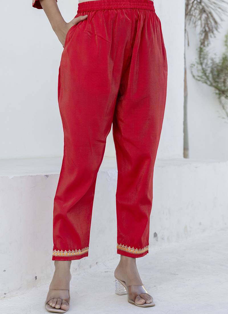 Viscose rayon red casual wear embroidery work kurta set