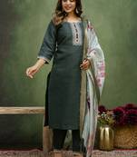 Cotton blend dark green casual wear embroidery work kurta set