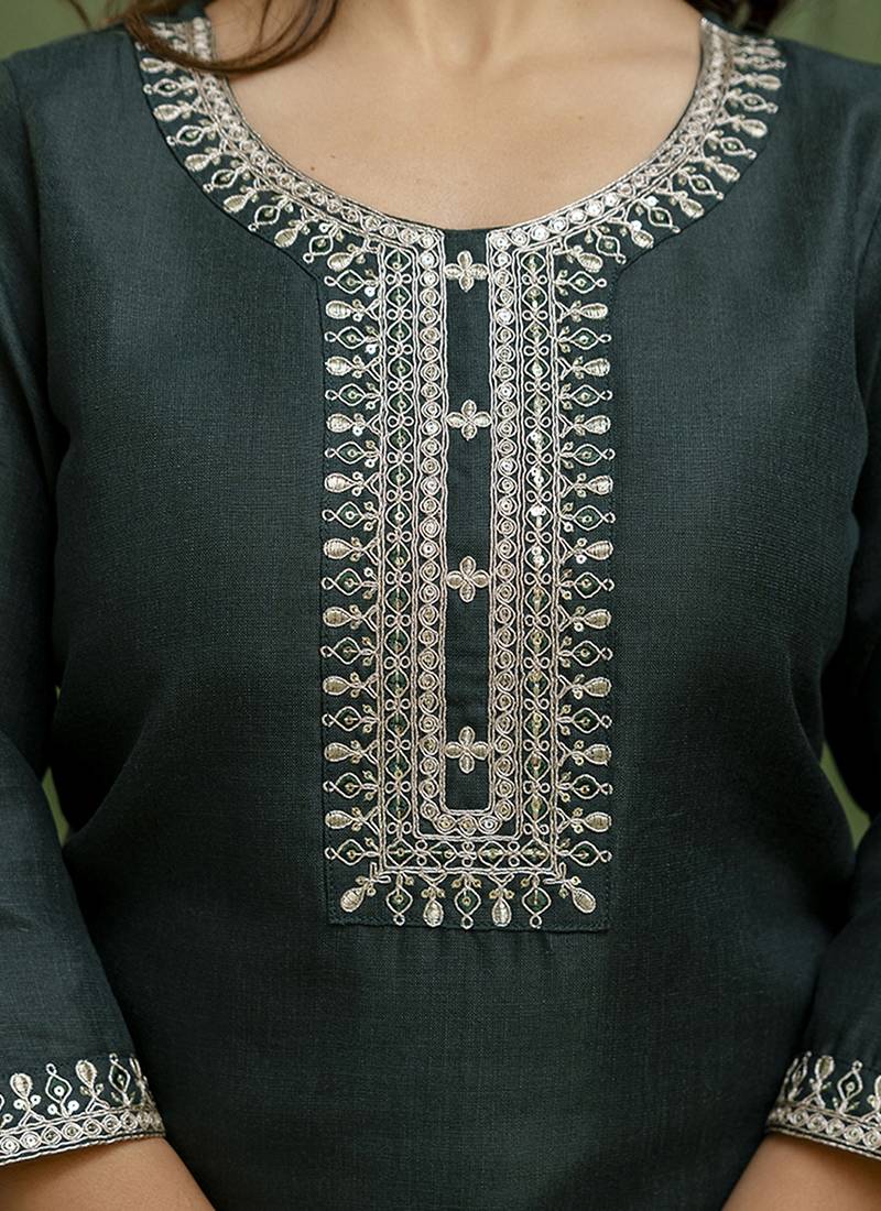 Cotton blend dark green casual wear embroidery work kurta set