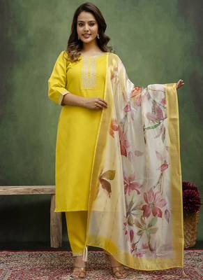 Cotton blend lime green casual wear embroidery work kurta set 1