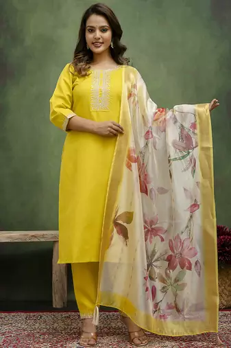 Cotton blend lime green casual wear embroidery work kurta set