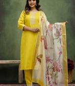 Cotton blend lime green casual wear embroidery work kurta set